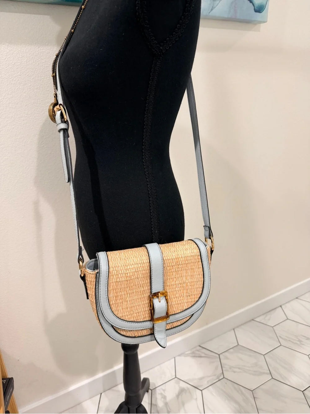 Woven Straw Crossbody Bag with Light blue Trim - Picture 2 of 8